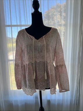 Style & Co. Pale Pink Lace Peasant Tunic with Tassel Detail